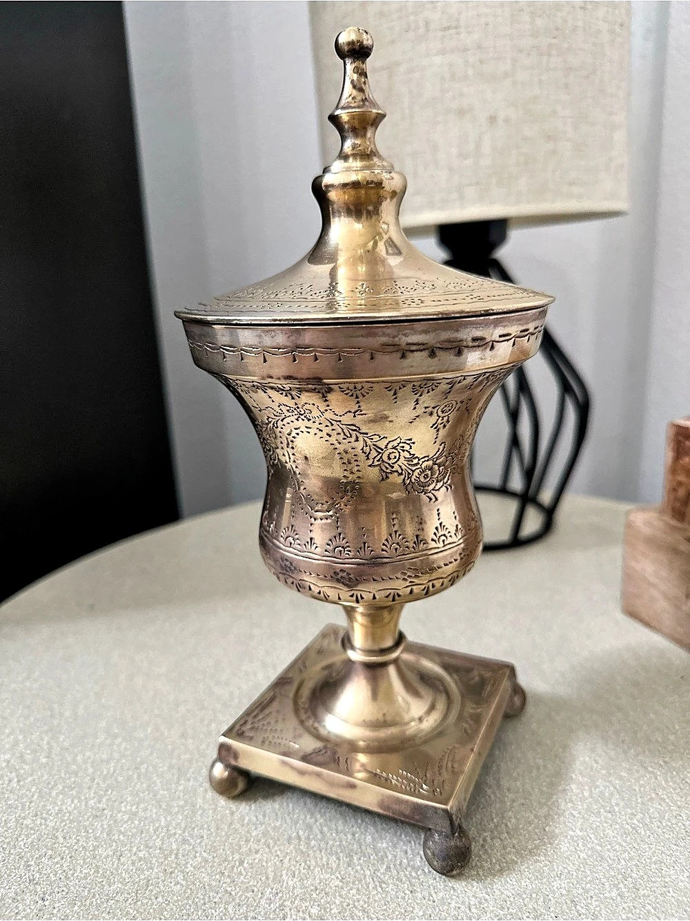 Vintage Indian Etched Solid Brass Lidded Urn